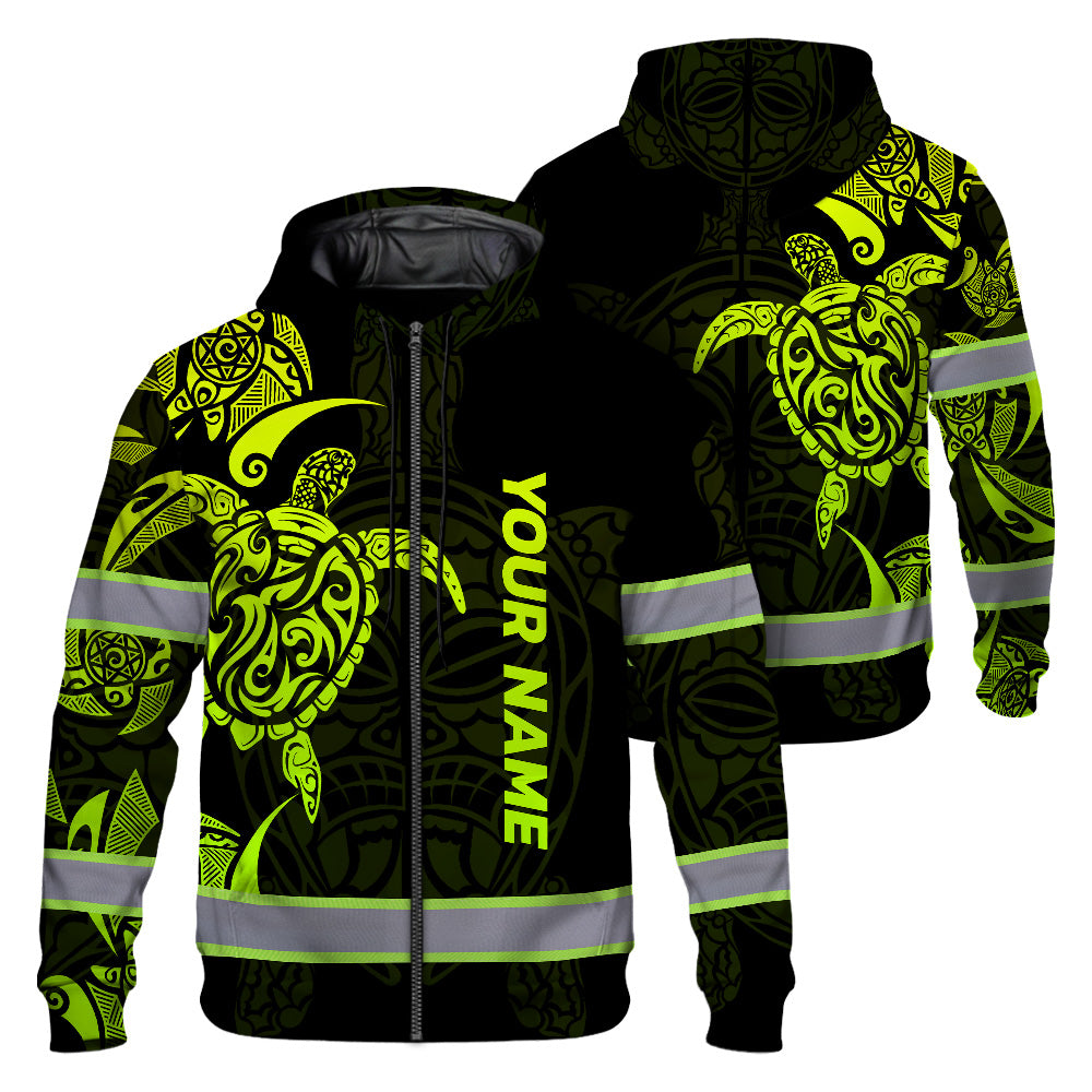 Hi Vis Zip Hoodie Reflective Tapes Green Neon Turtle Hawaii Polynesian Custom Name Safety Workwear For Workers, Operator, Cyclists, Patriotic