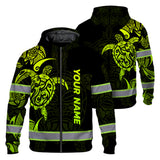 Hi Vis Zip Hoodie Reflective Tapes Green Neon Turtle Hawaii Polynesian Custom Name Safety Workwear For Workers, Operator, Cyclists, Patriotic
