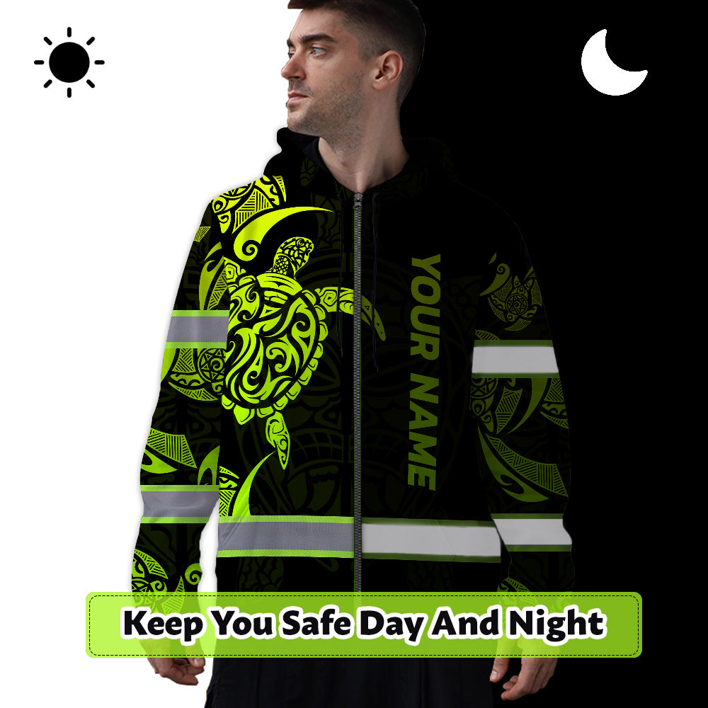 Hi Vis Zip Hoodie Reflective Tapes Green Neon Turtle Hawaii Polynesian Custom Name Safety Workwear For Workers, Operator, Cyclists, Patriotic