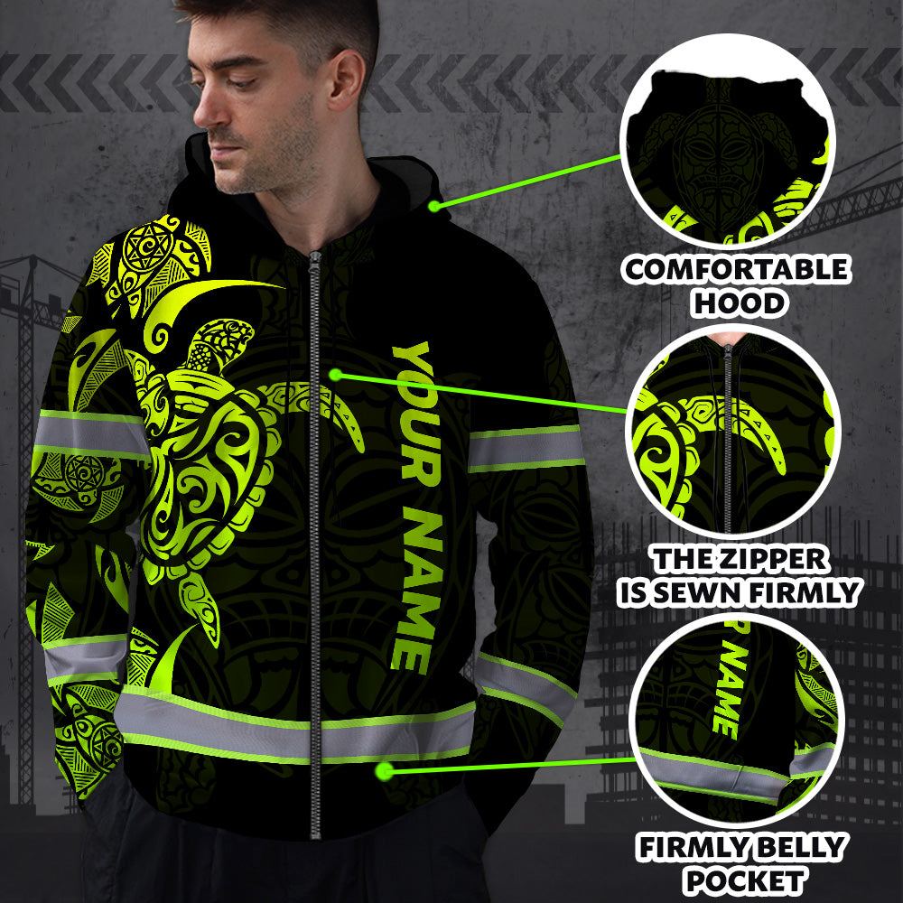 Hi Vis Zip Hoodie Reflective Tapes Green Neon Turtle Hawaii Polynesian Custom Name Safety Workwear For Workers, Operator, Cyclists, Patriotic