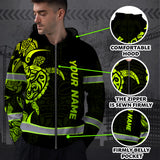 Hi Vis Zip Hoodie Reflective Tapes Green Neon Turtle Hawaii Polynesian Custom Name Safety Workwear For Workers, Operator, Cyclists, Patriotic