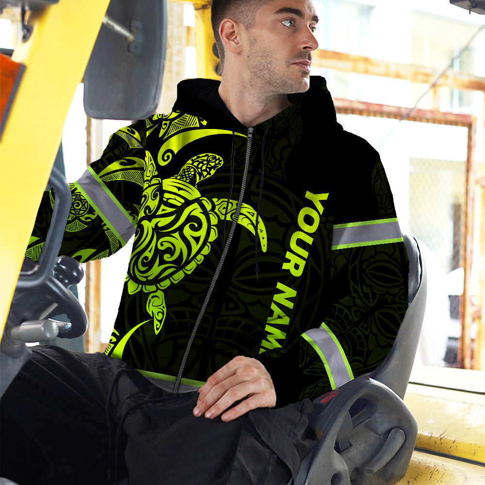 Hi Vis Zip Hoodie Reflective Tapes Green Neon Turtle Hawaii Polynesian Custom Name Safety Workwear For Workers, Operator, Cyclists, Patriotic