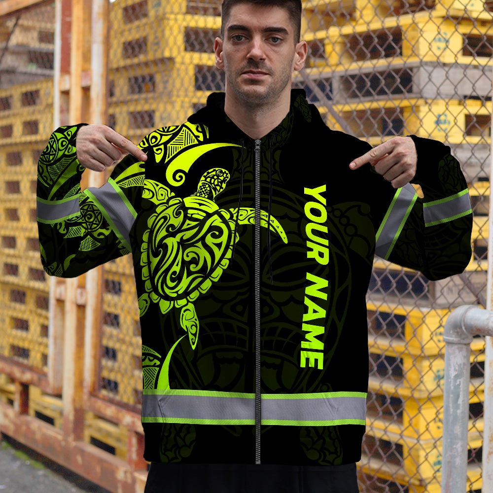 Hi Vis Zip Hoodie Reflective Tapes Green Neon Turtle Hawaii Polynesian Custom Name Safety Workwear For Workers, Operator, Cyclists, Patriotic