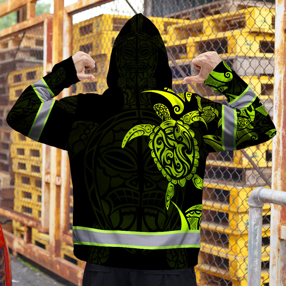 Hi Vis Zip Hoodie Reflective Tapes Green Neon Turtle Hawaii Polynesian Custom Name Safety Workwear For Workers, Operator, Cyclists, Patriotic