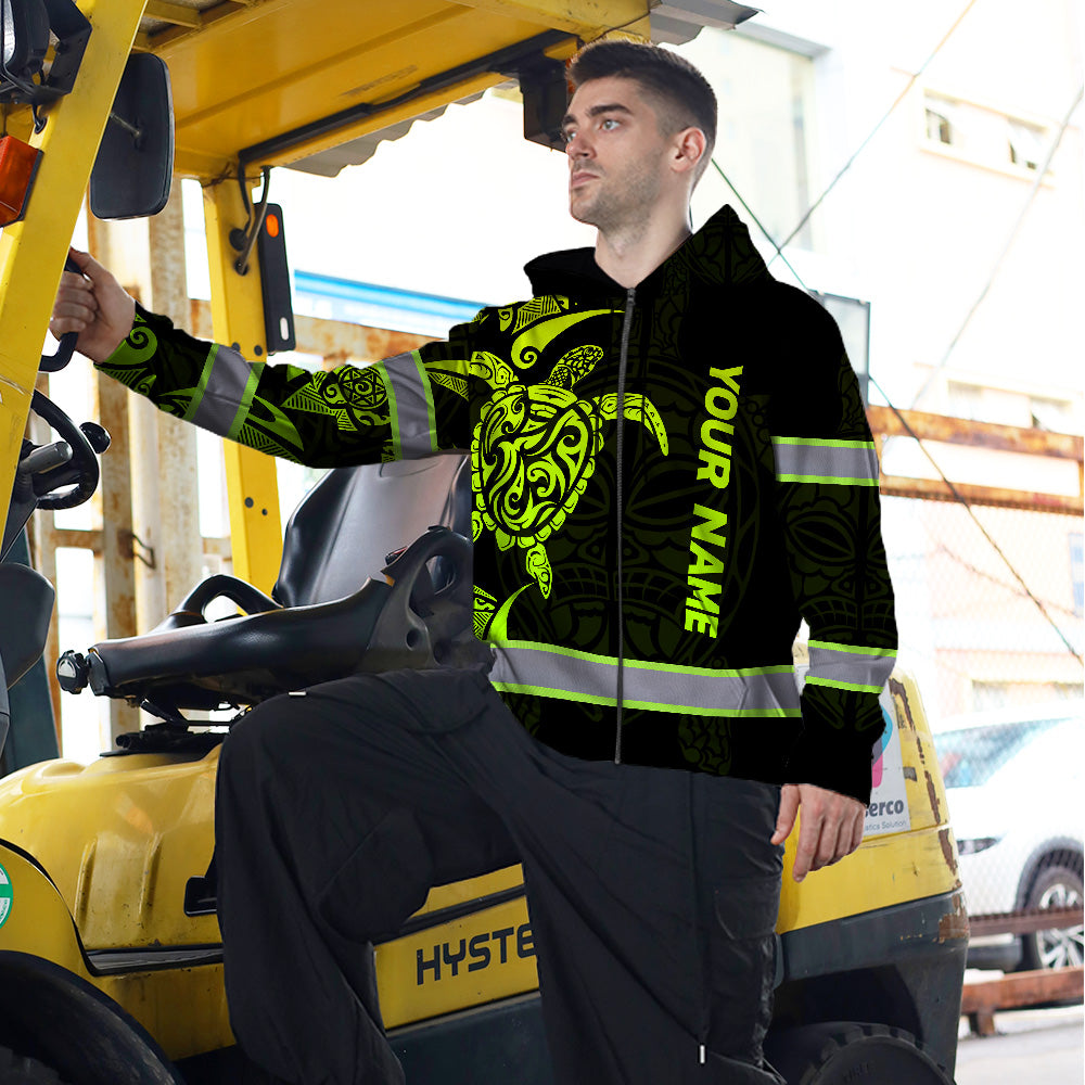 Hi Vis Zip Hoodie Reflective Tapes Green Neon Turtle Hawaii Polynesian Custom Name Safety Workwear For Workers, Operator, Cyclists, Patriotic