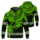 Hi Vis Zip Hoodie Reflective Tapes Green Turtle Flower Hawaiian Polynesian