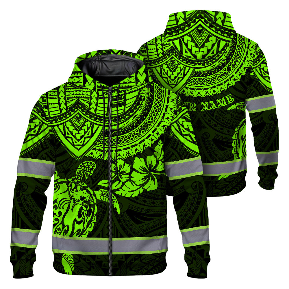 Hi Vis Zip Hoodie Reflective Tapes Green Turtle Flower Hawaiian Polynesian