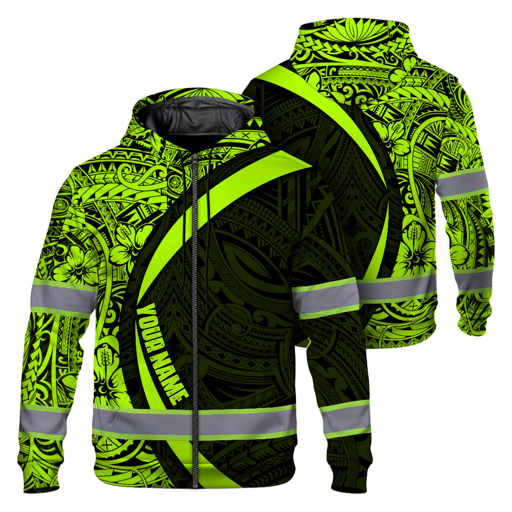 Hi Vis Zip Hoodie Reflective Tapes Hawaiian Polynesian Tribal Custom Name