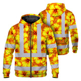 Hi Vis Zip Hoodie Reflective Tapes Orange Neon And Yellow Flowers Custom Name Safety Workwear For Workers, Truckers, Operators