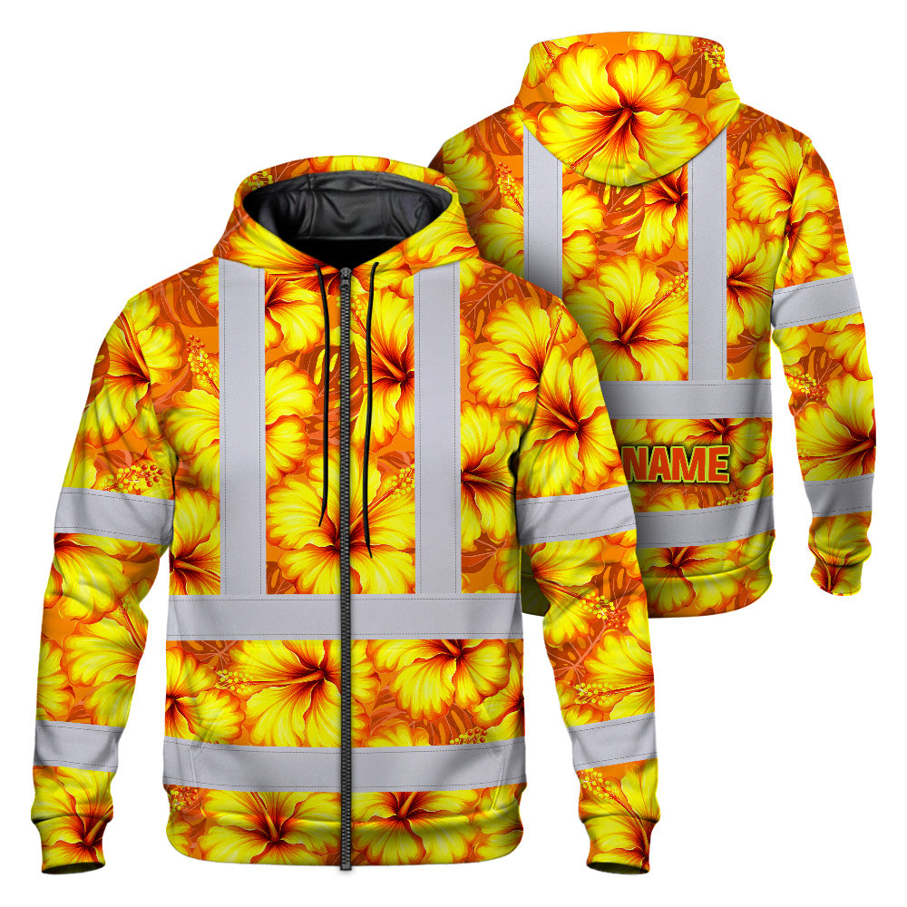 Hi Vis Zip Hoodie Reflective Tapes Orange Neon And Yellow Flowers Custom Name Safety Workwear For Workers, Truckers, Operators