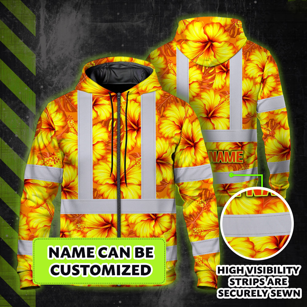 Hi Vis Zip Hoodie Reflective Tapes Orange Neon And Yellow Flowers Custom Name Safety Workwear For Workers, Truckers, Operators
