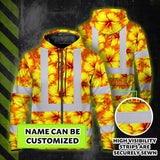 Hi Vis Zip Hoodie Reflective Tapes Orange Neon And Yellow Flowers Custom Name Safety Workwear For Workers, Truckers, Operators