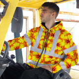 Hi Vis Zip Hoodie Reflective Tapes Orange Neon And Yellow Flowers Custom Name Safety Workwear For Workers, Truckers, Operators