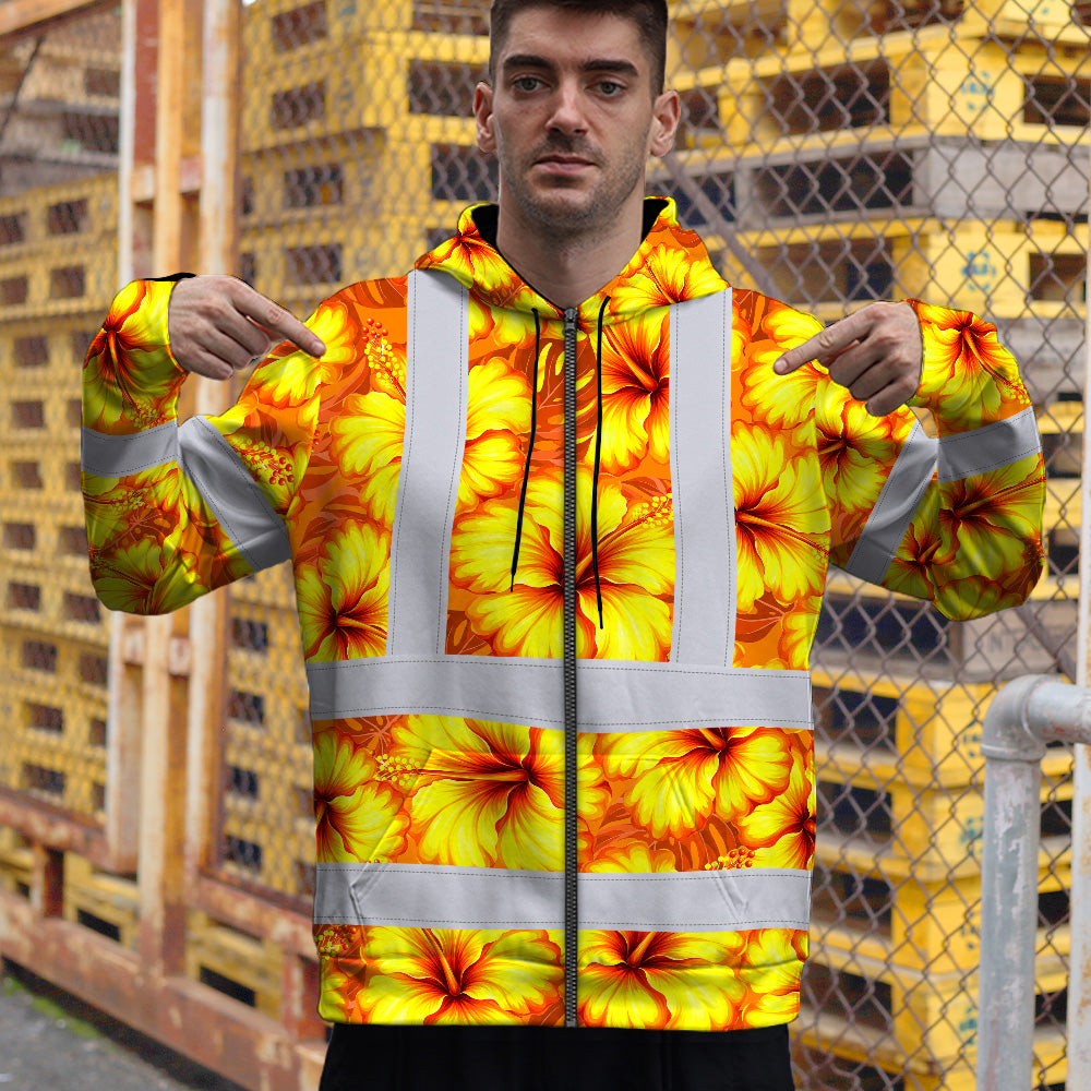 Hi Vis Zip Hoodie Reflective Tapes Orange Neon And Yellow Flowers Custom Name Safety Workwear For Workers, Truckers, Operators