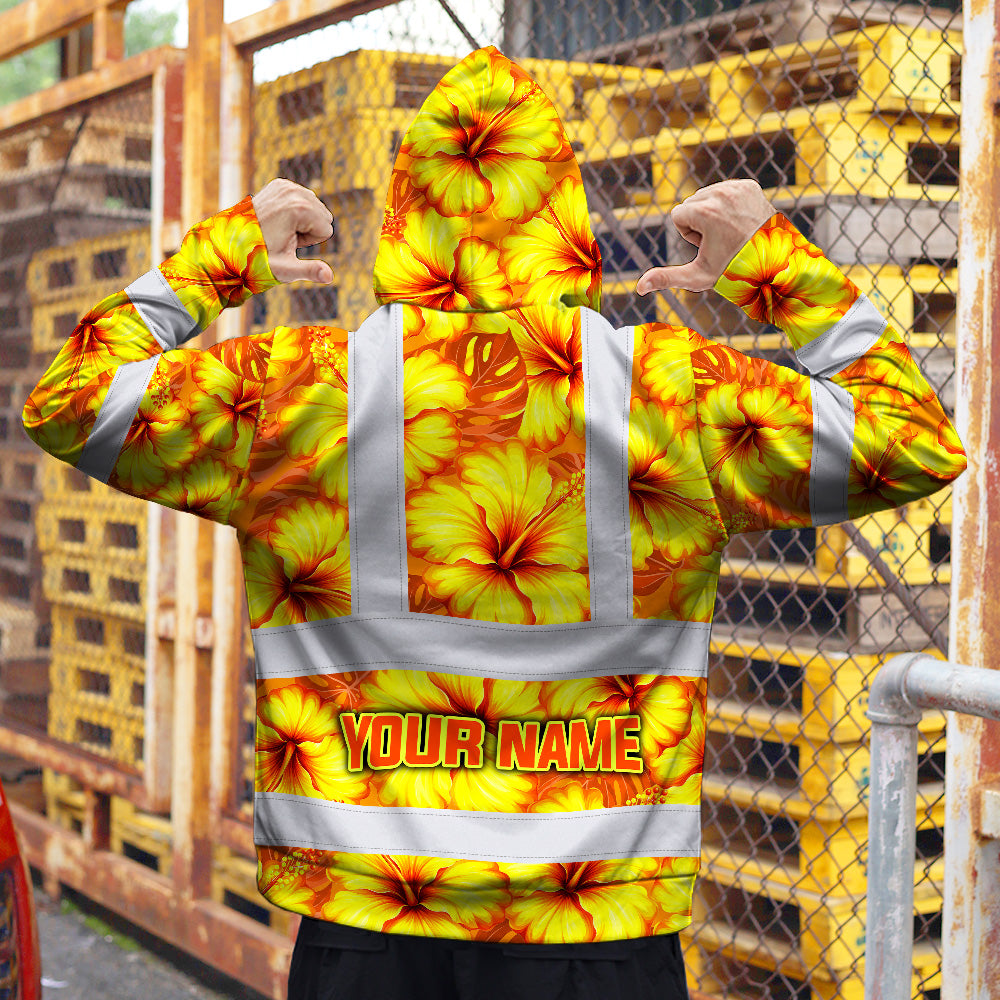 Hi Vis Zip Hoodie Reflective Tapes Orange Neon And Yellow Flowers Custom Name Safety Workwear For Workers, Truckers, Operators
