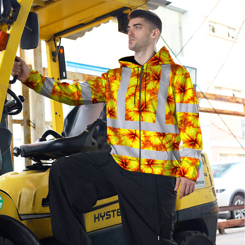 Hi Vis Zip Hoodie Reflective Tapes Orange Neon And Yellow Flowers Custom Name Safety Workwear For Workers, Truckers, Operators
