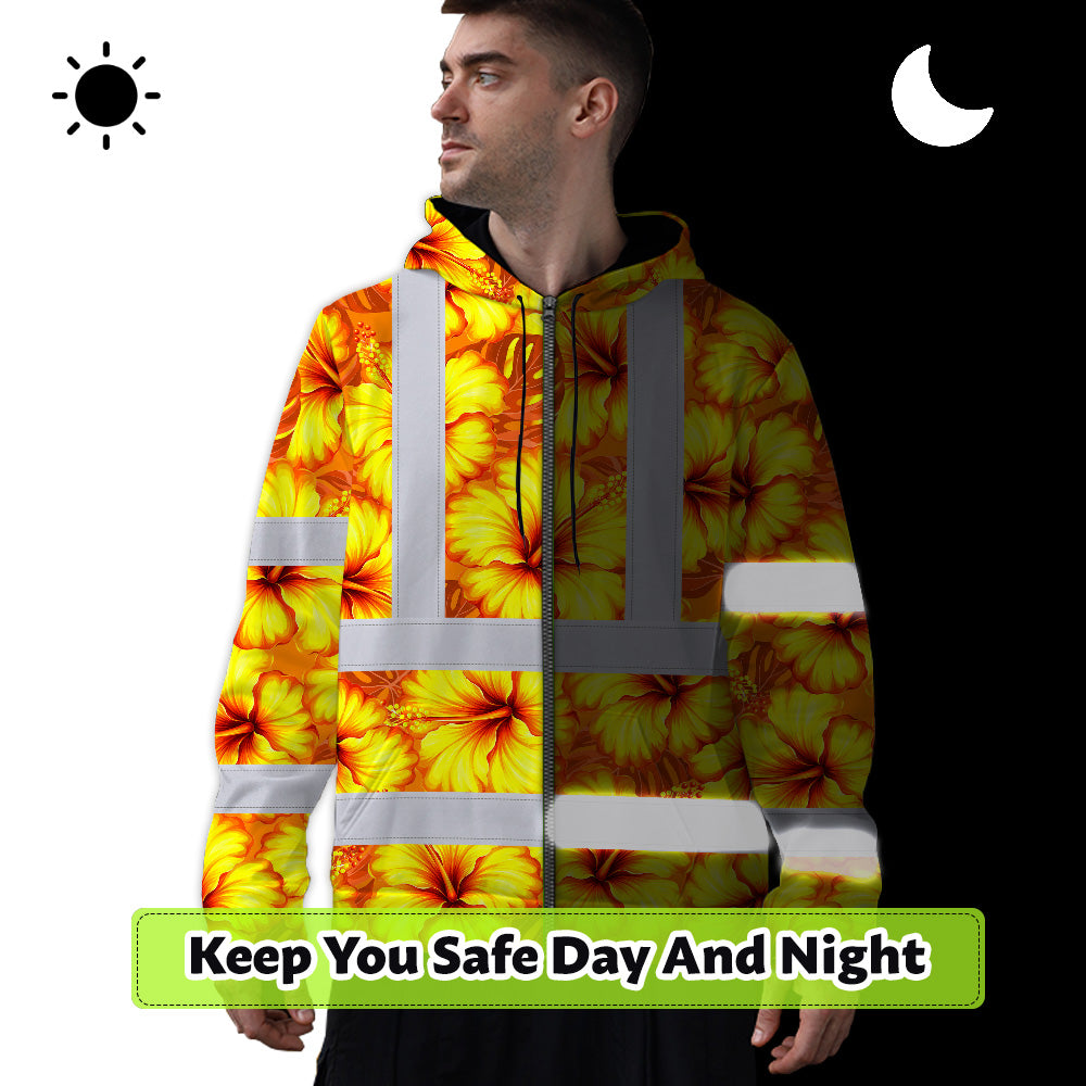 Hi Vis Zip Hoodie Reflective Tapes Orange Neon And Yellow Flowers Custom Name Safety Workwear For Workers, Truckers, Operators