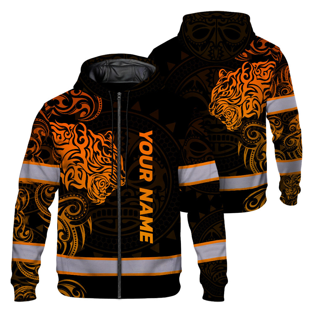 Hi Vis Zip Hoodie Reflective Tapes Orange Neon Tiger Hawaii Polynesian Custom Name Safety Workwear For Workers, Operator, Cyclists, Patriotic