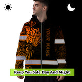 Hi Vis Zip Hoodie Reflective Tapes Orange Neon Tiger Hawaii Polynesian Custom Name Safety Workwear For Workers, Operator, Cyclists, Patriotic