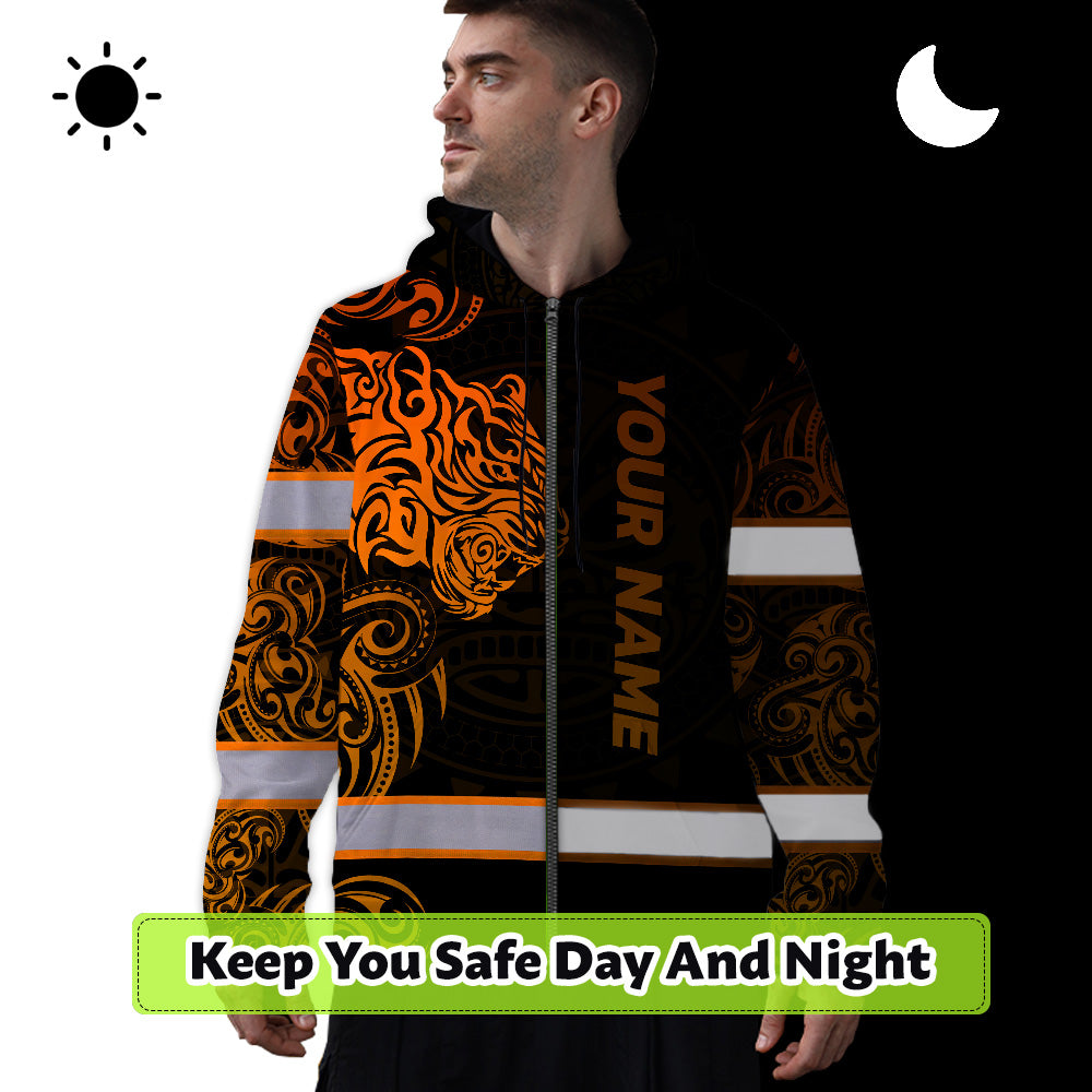 Hi Vis Zip Hoodie Reflective Tapes Orange Neon Tiger Hawaii Polynesian Custom Name Safety Workwear For Workers, Operator, Cyclists, Patriotic