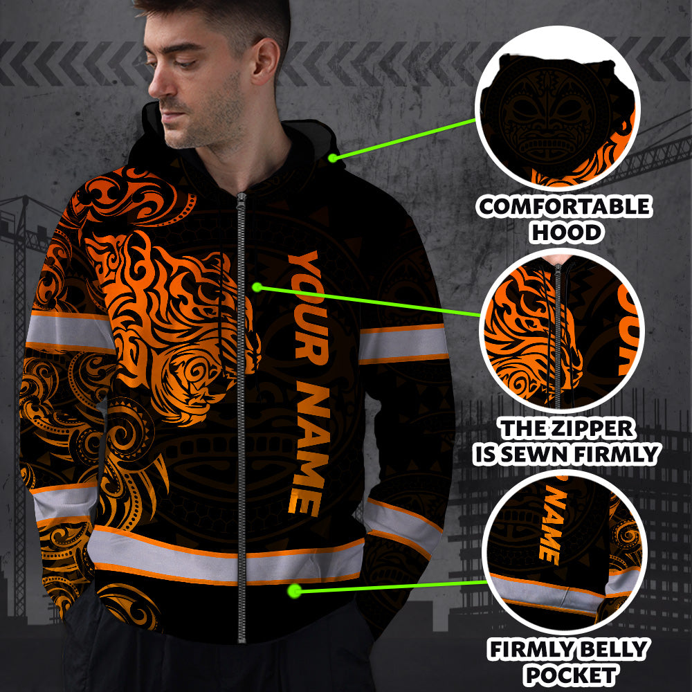Hi Vis Zip Hoodie Reflective Tapes Orange Neon Tiger Hawaii Polynesian Custom Name Safety Workwear For Workers, Operator, Cyclists, Patriotic