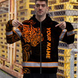 Hi Vis Zip Hoodie Reflective Tapes Orange Neon Tiger Hawaii Polynesian Custom Name Safety Workwear For Workers, Operator, Cyclists, Patriotic