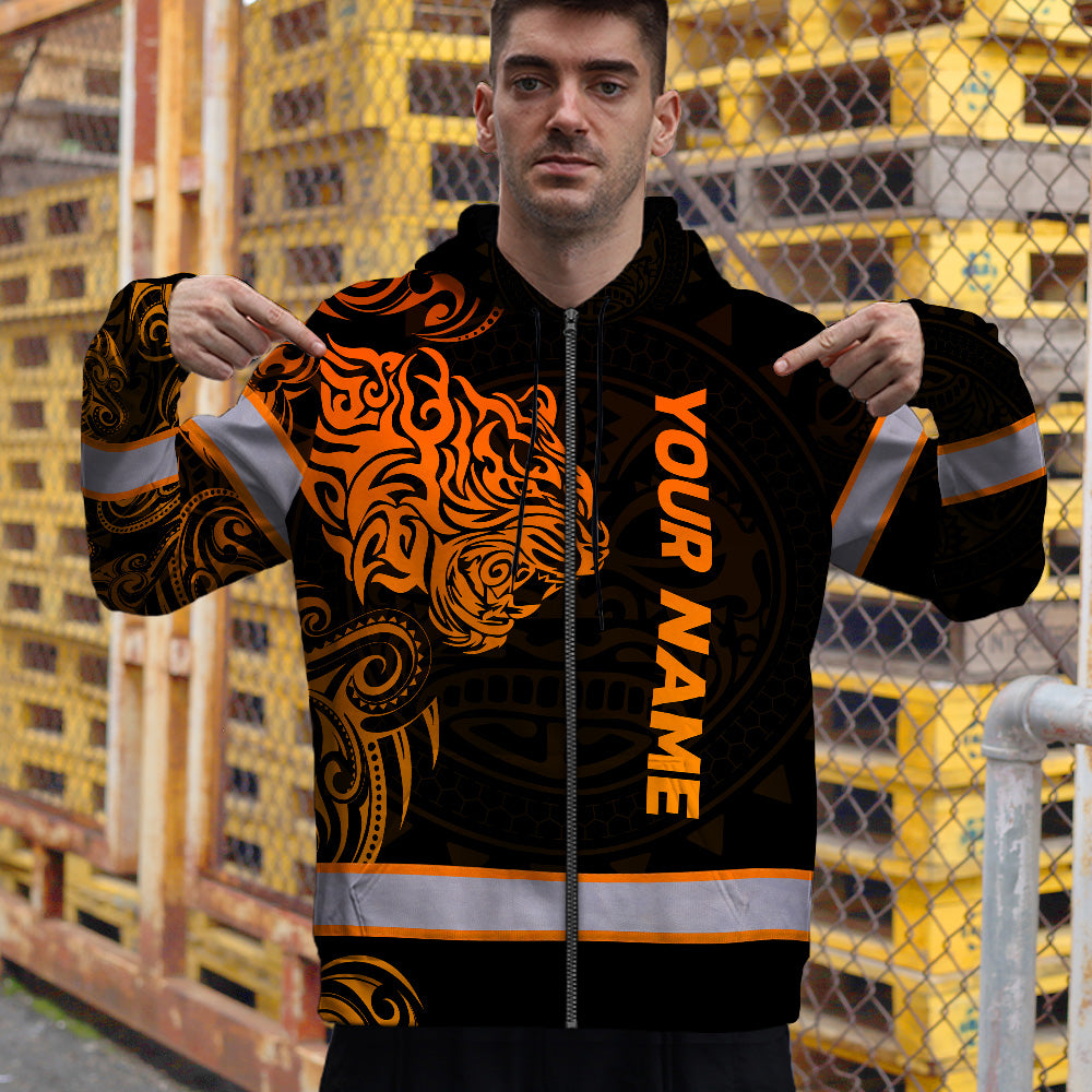 Hi Vis Zip Hoodie Reflective Tapes Orange Neon Tiger Hawaii Polynesian Custom Name Safety Workwear For Workers, Operator, Cyclists, Patriotic