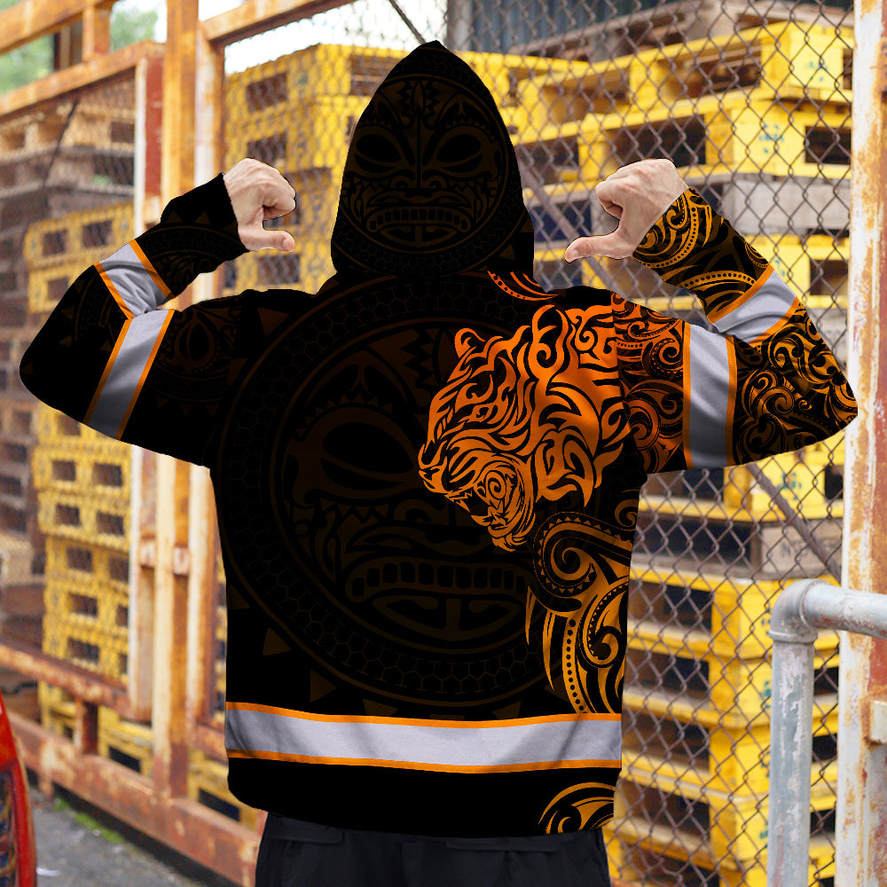 Hi Vis Zip Hoodie Reflective Tapes Orange Neon Tiger Hawaii Polynesian Custom Name Safety Workwear For Workers, Operator, Cyclists, Patriotic