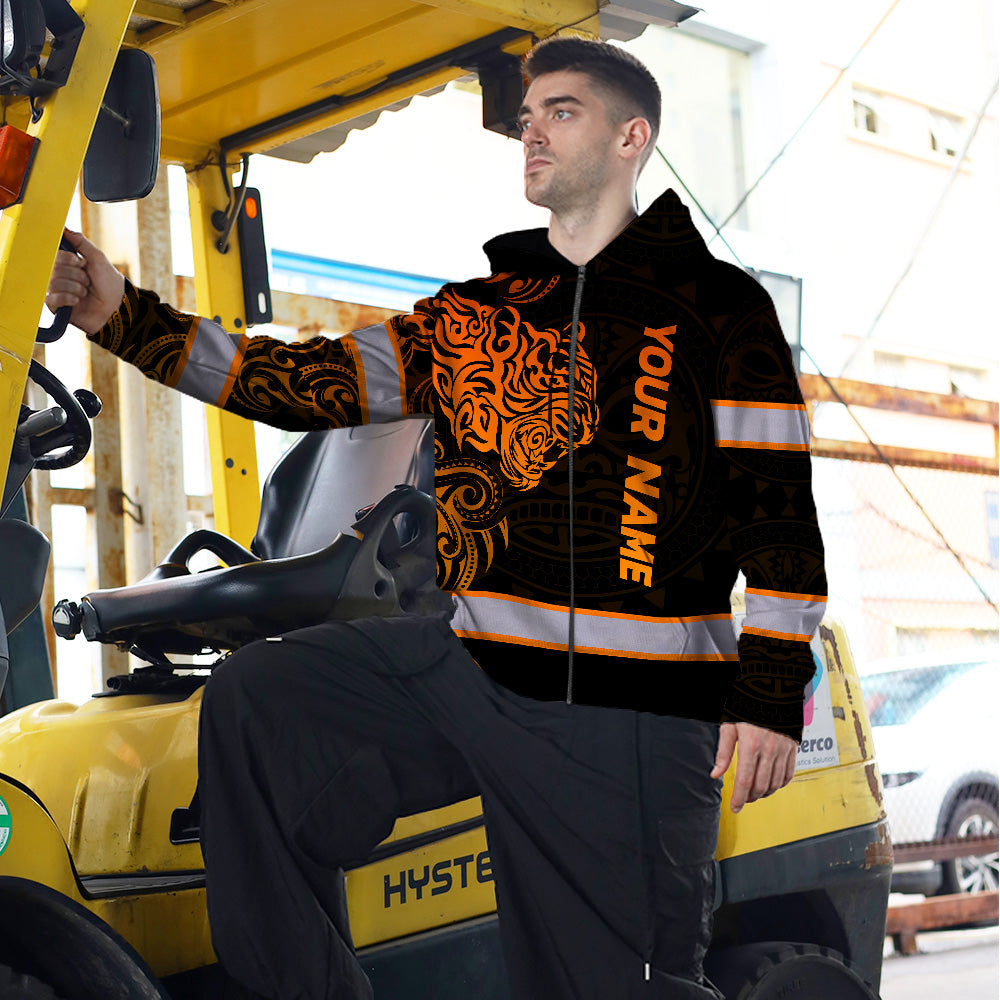 Hi Vis Zip Hoodie Reflective Tapes Orange Neon Tiger Hawaii Polynesian Custom Name Safety Workwear For Workers, Operator, Cyclists, Patriotic