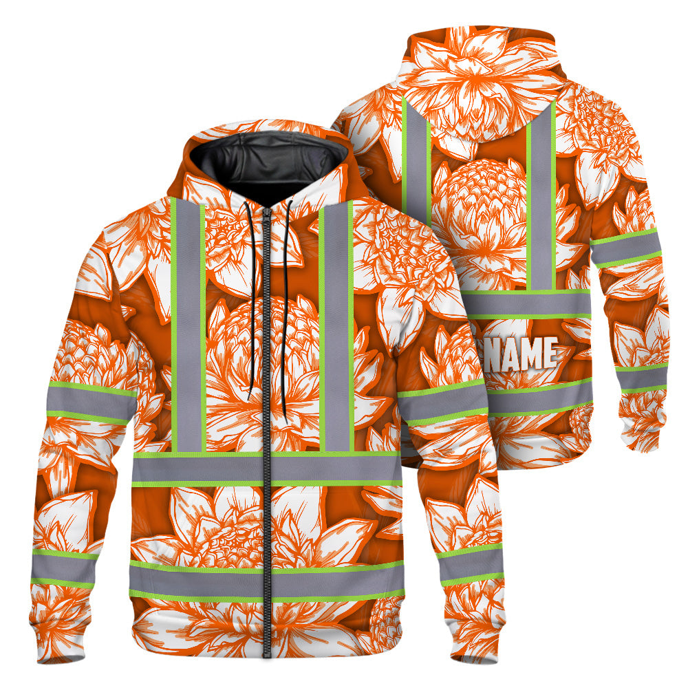 Hi Vis Zip Hoodie Reflective Tapes Orange Neon White Protea Custom Name Safety Workwear For Workers, Truckers, Operators