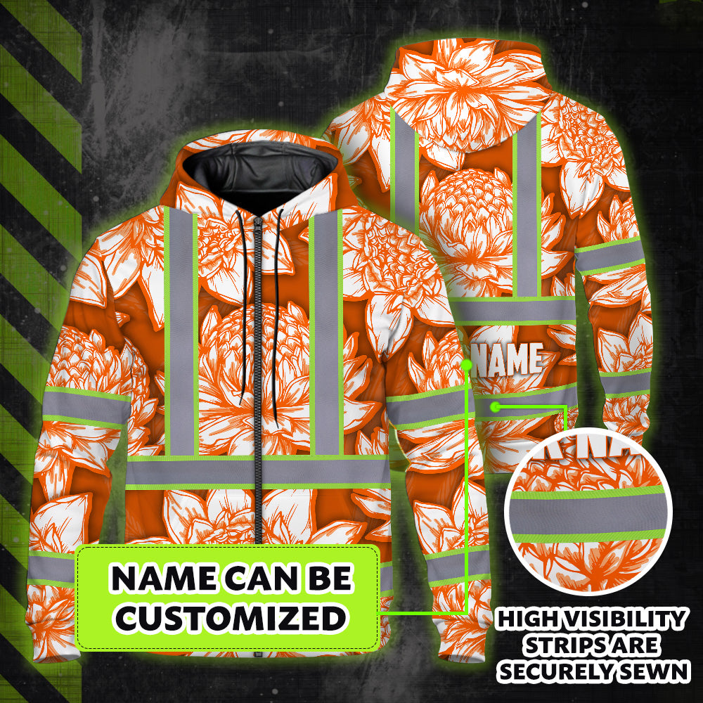 Hi Vis Zip Hoodie Reflective Tapes Orange Neon White Protea Custom Name Safety Workwear For Workers, Truckers, Operators