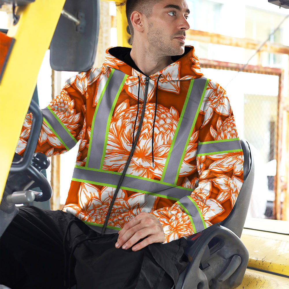 Hi Vis Zip Hoodie Reflective Tapes Orange Neon White Protea Custom Name Safety Workwear For Workers, Truckers, Operators
