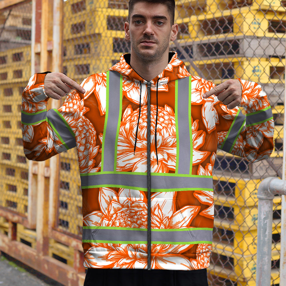 Hi Vis Zip Hoodie Reflective Tapes Orange Neon White Protea Custom Name Safety Workwear For Workers, Truckers, Operators