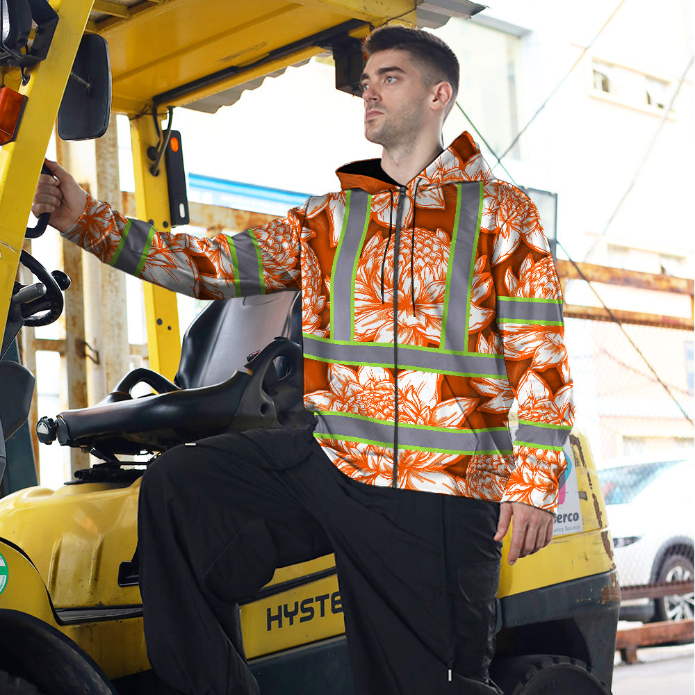 Hi Vis Zip Hoodie Reflective Tapes Orange Neon White Protea Custom Name Safety Workwear For Workers, Truckers, Operators