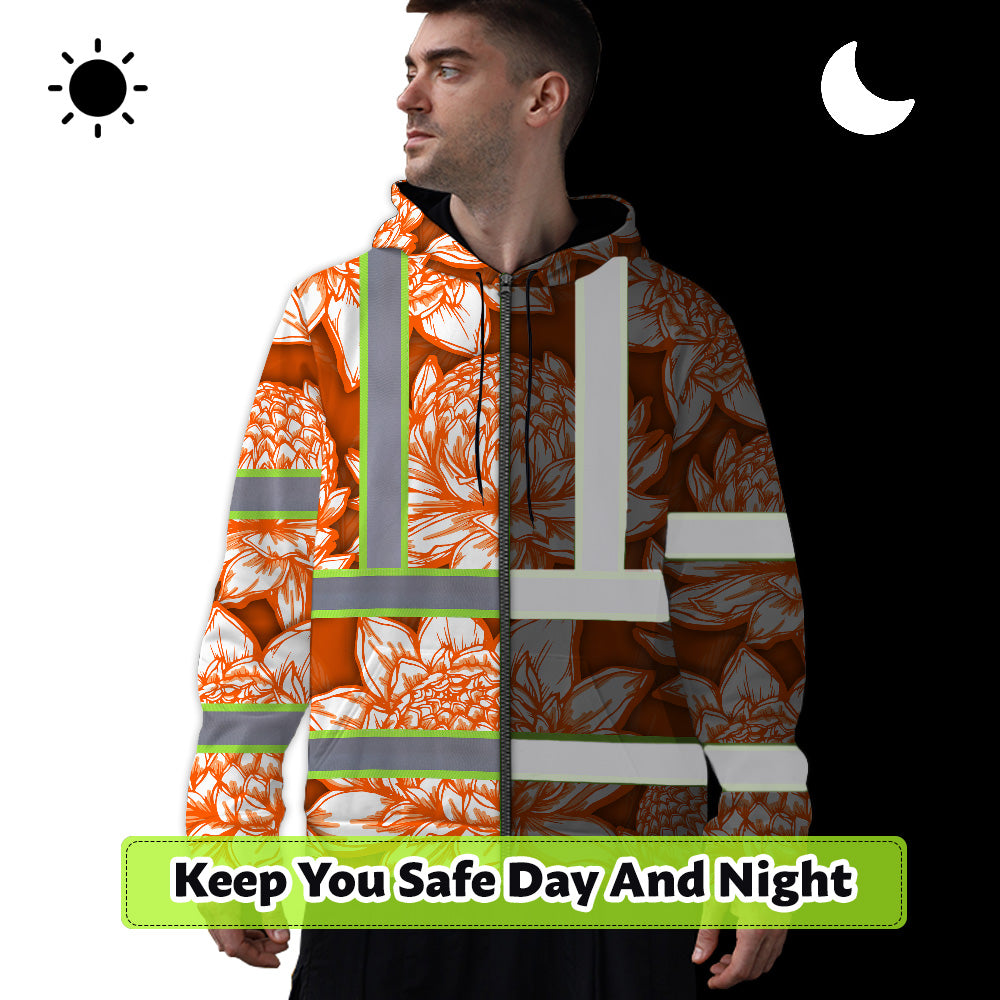 Hi Vis Zip Hoodie Reflective Tapes Orange Neon White Protea Custom Name Safety Workwear For Workers, Truckers, Operators