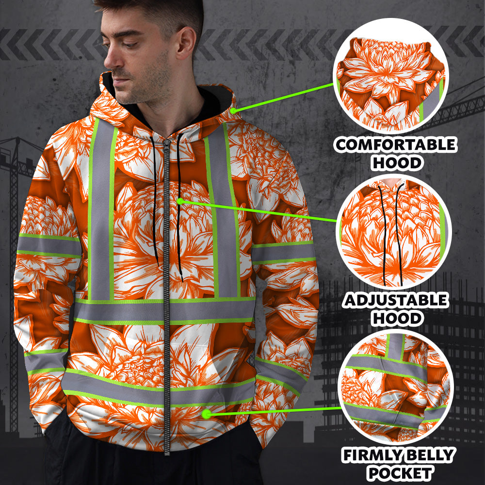 Hi Vis Zip Hoodie Reflective Tapes Orange Neon White Protea Custom Name Safety Workwear For Workers, Truckers, Operators