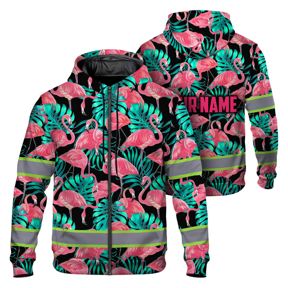 Hi Vis Zip Hoodie Reflective Tapes Pink Flamingo Flower Hawaiian Custom Name