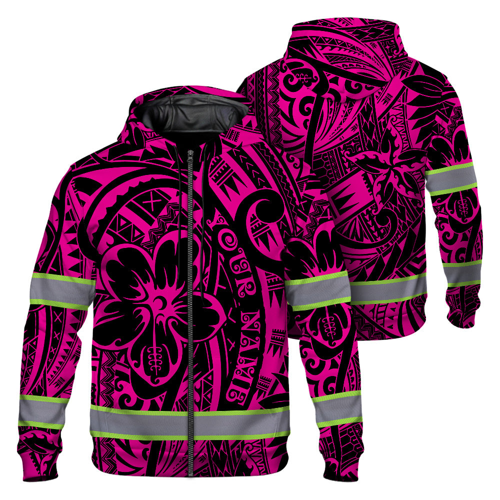 Hi Vis Zip Hoodie Reflective Tapes Pink Flower Hawaiian Polynesian Tribal Custom