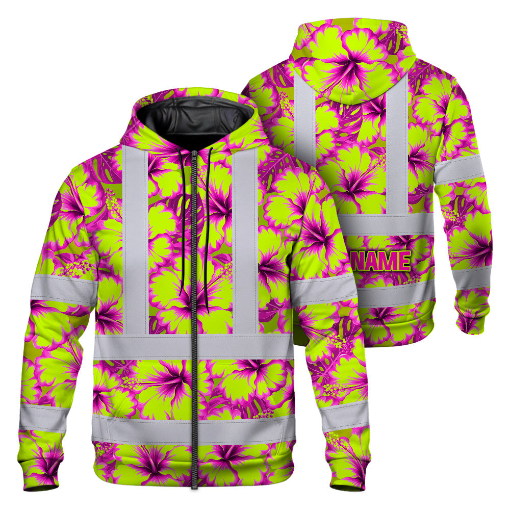 Hi Vis Zip Hoodie Reflective Tapes Pink Neon And Lime Flowers Custom Name Safety Workwear For Workers, Truckers, Operators