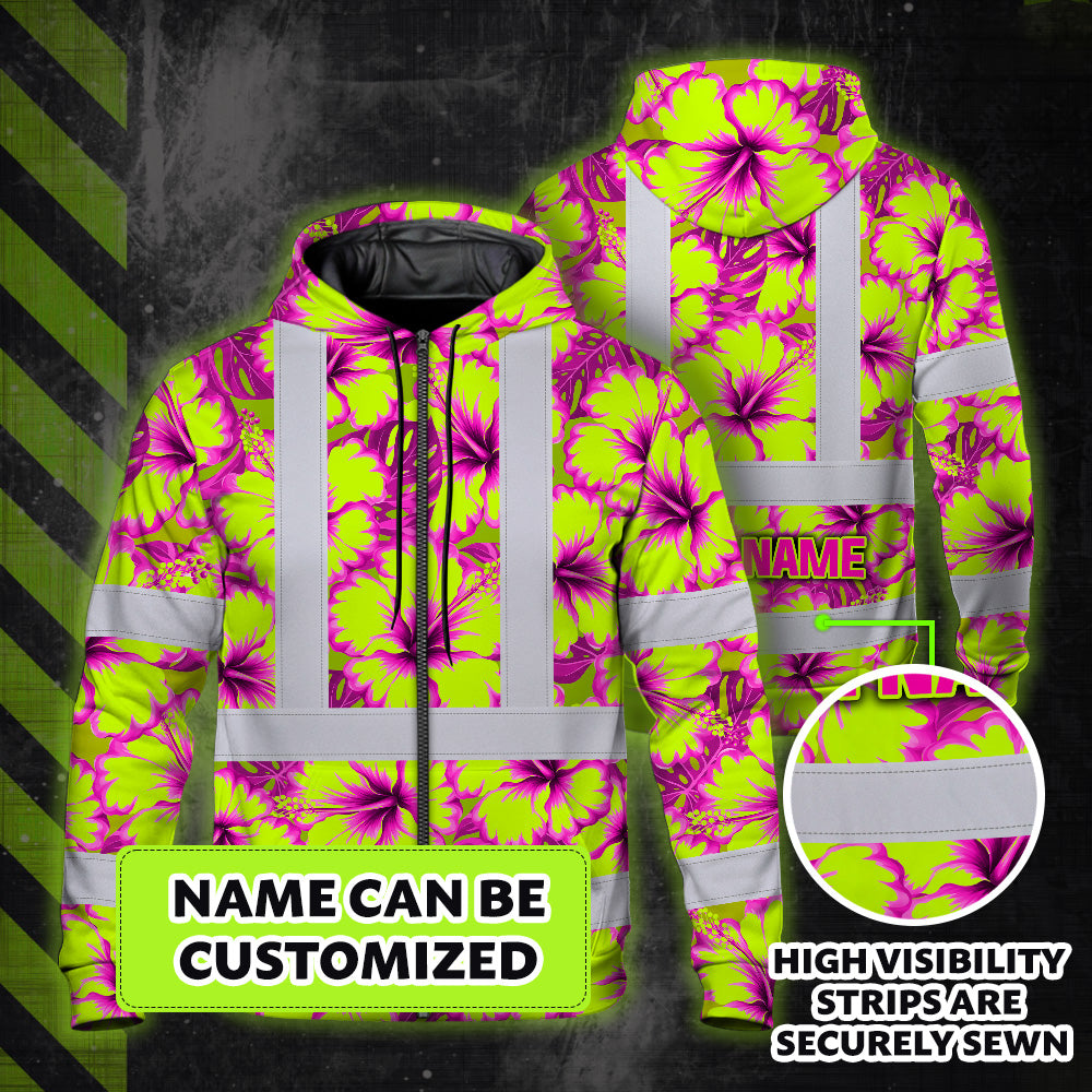 Hi Vis Zip Hoodie Reflective Tapes Pink Neon And Lime Flowers Custom Name Safety Workwear For Workers, Truckers, Operators