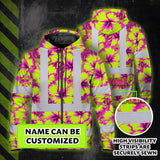 Hi Vis Zip Hoodie Reflective Tapes Pink Neon And Lime Flowers Custom Name Safety Workwear For Workers, Truckers, Operators