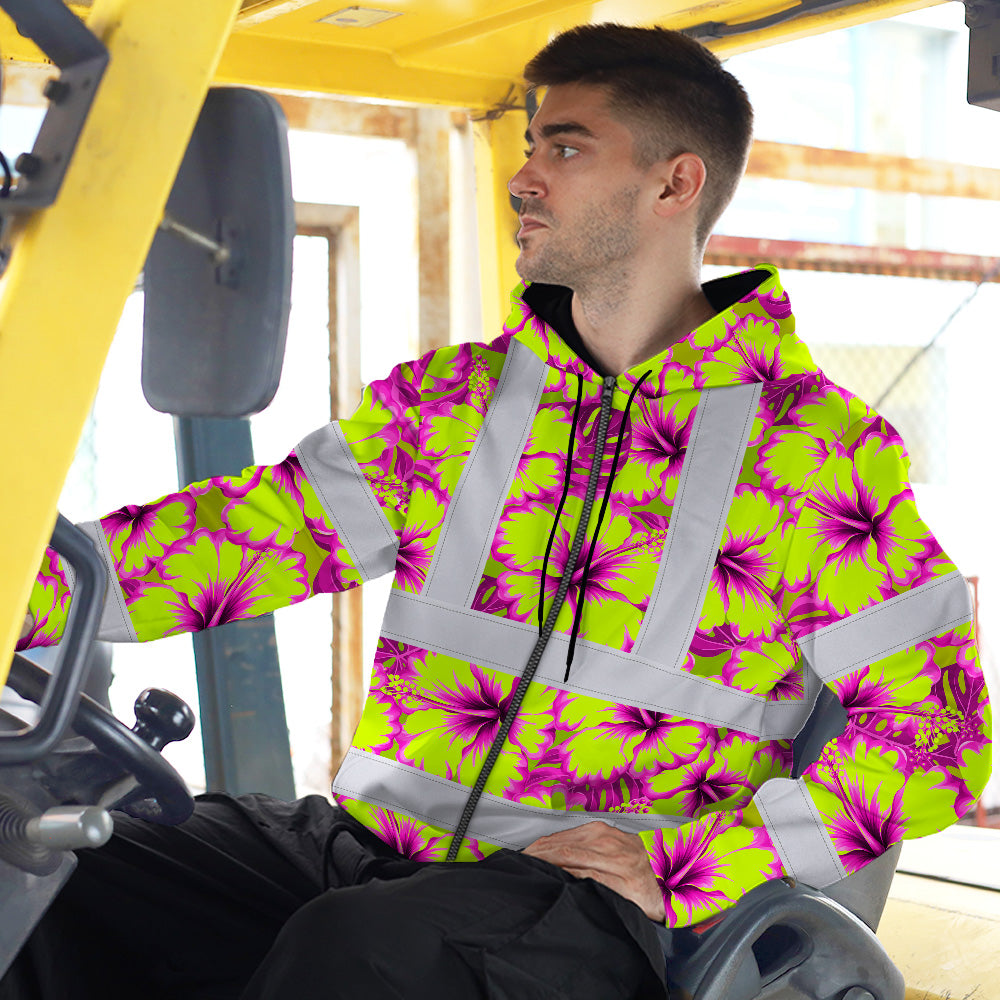 Hi Vis Zip Hoodie Reflective Tapes Pink Neon And Lime Flowers Custom Name Safety Workwear For Workers, Truckers, Operators