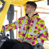 Hi Vis Zip Hoodie Reflective Tapes Pink Neon And Lime Flowers Custom Name Safety Workwear For Workers, Truckers, Operators