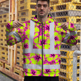 Hi Vis Zip Hoodie Reflective Tapes Pink Neon And Lime Flowers Custom Name Safety Workwear For Workers, Truckers, Operators