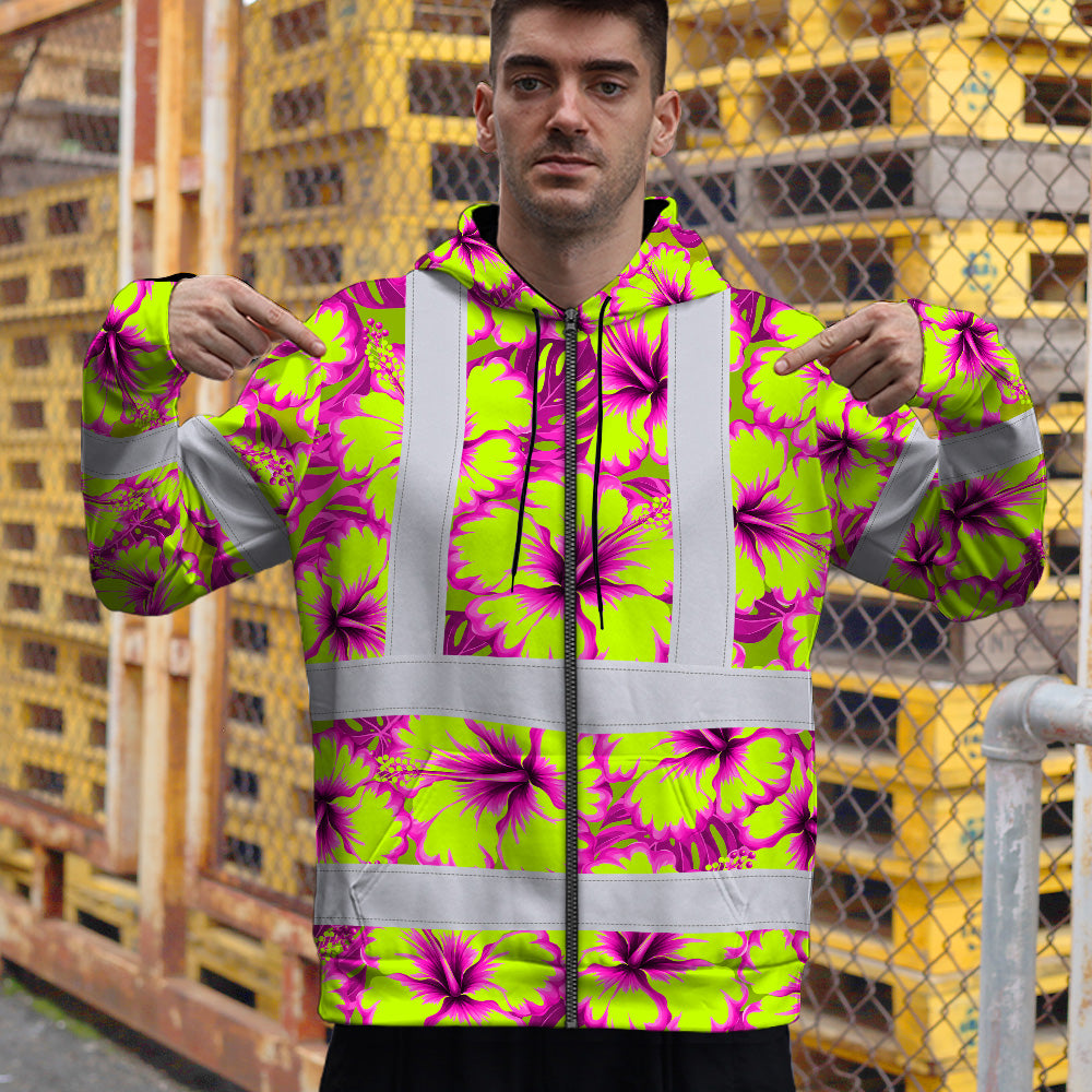 Hi Vis Zip Hoodie Reflective Tapes Pink Neon And Lime Flowers Custom Name Safety Workwear For Workers, Truckers, Operators