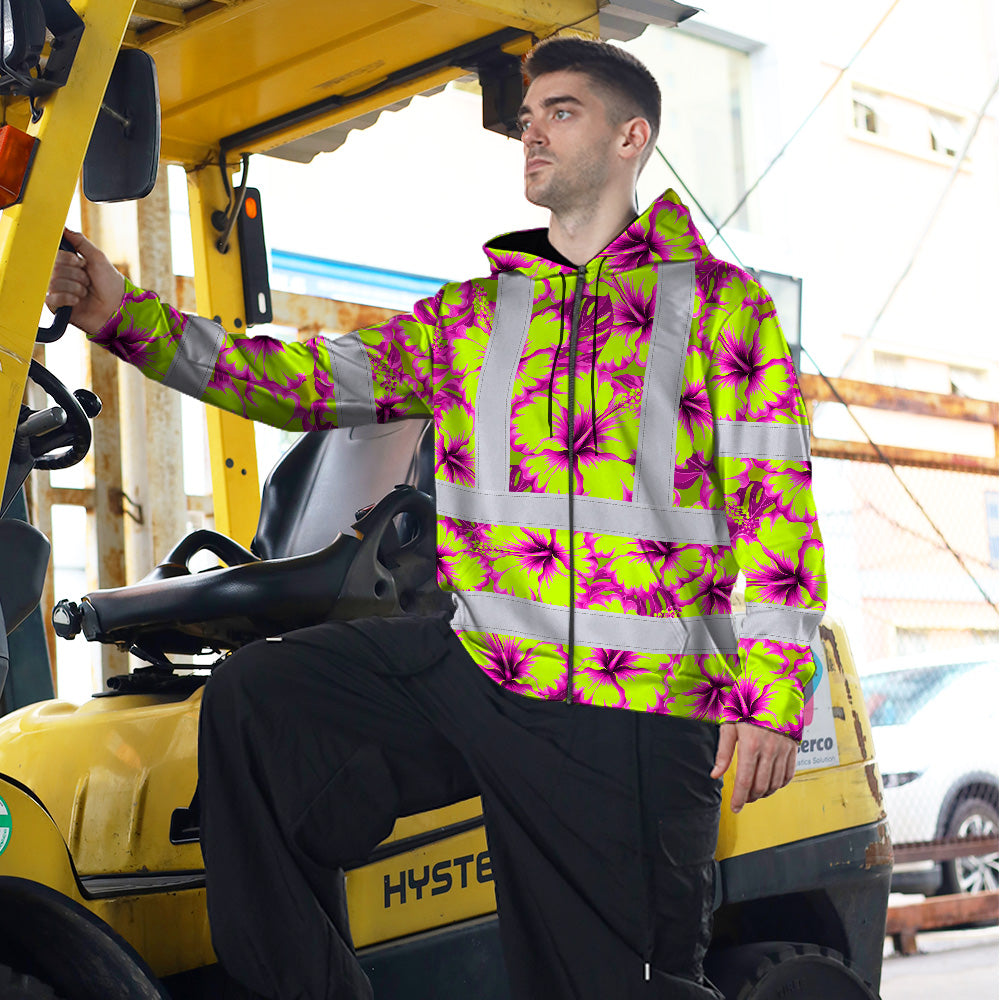 Hi Vis Zip Hoodie Reflective Tapes Pink Neon And Lime Flowers Custom Name Safety Workwear For Workers, Truckers, Operators