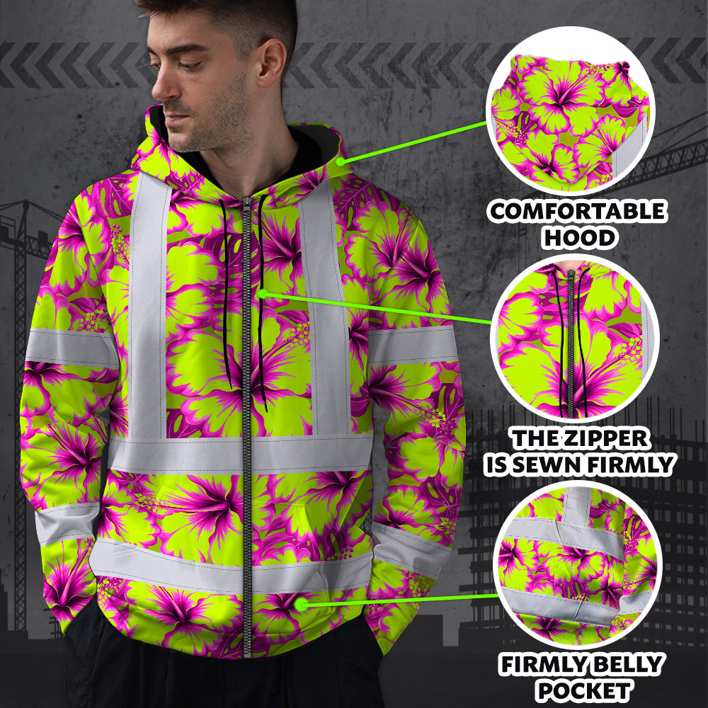 Hi Vis Zip Hoodie Reflective Tapes Pink Neon And Lime Flowers Custom Name Safety Workwear For Workers, Truckers, Operators