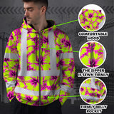 Hi Vis Zip Hoodie Reflective Tapes Pink Neon And Lime Flowers Custom Name Safety Workwear For Workers, Truckers, Operators