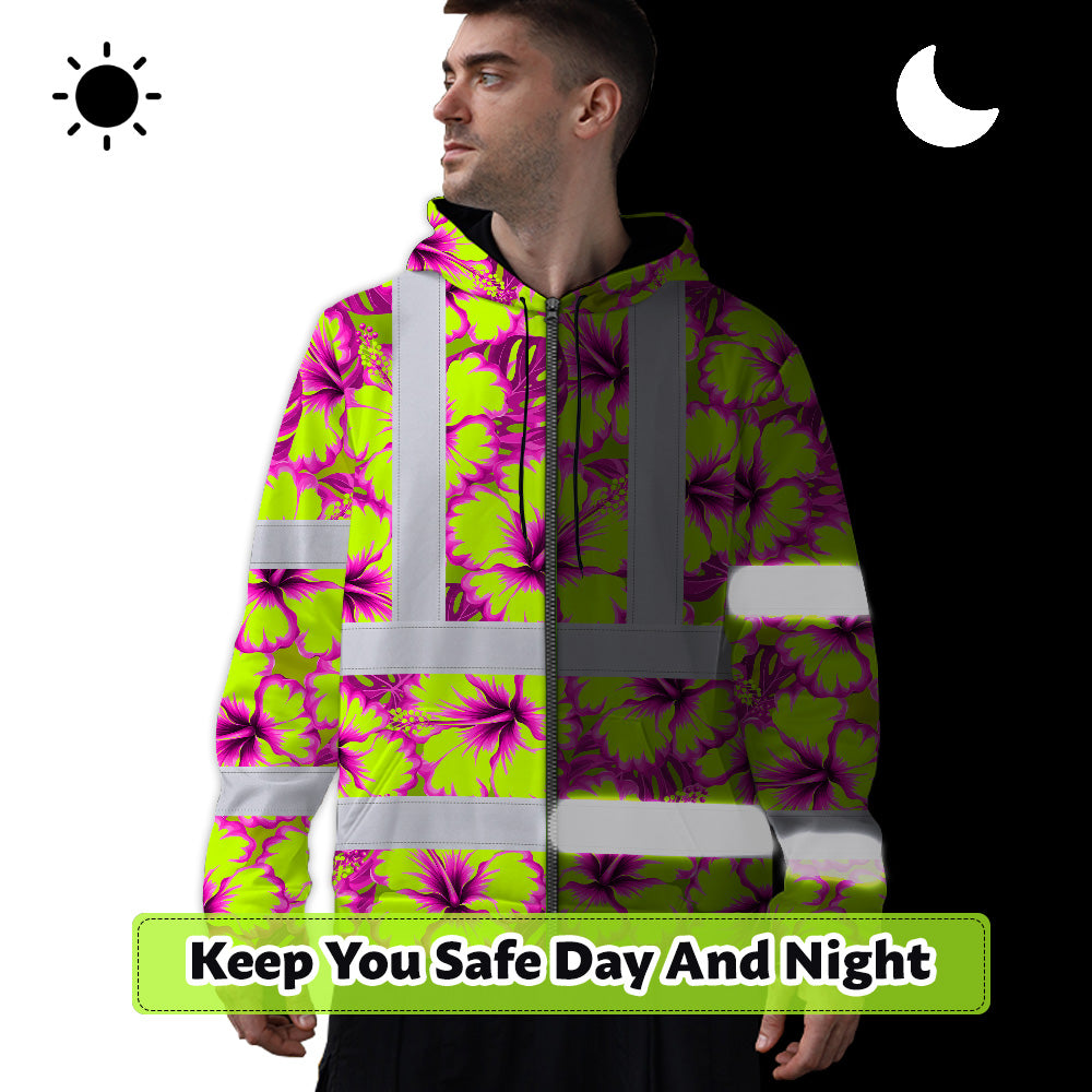 Hi Vis Zip Hoodie Reflective Tapes Pink Neon And Lime Flowers Custom Name Safety Workwear For Workers, Truckers, Operators
