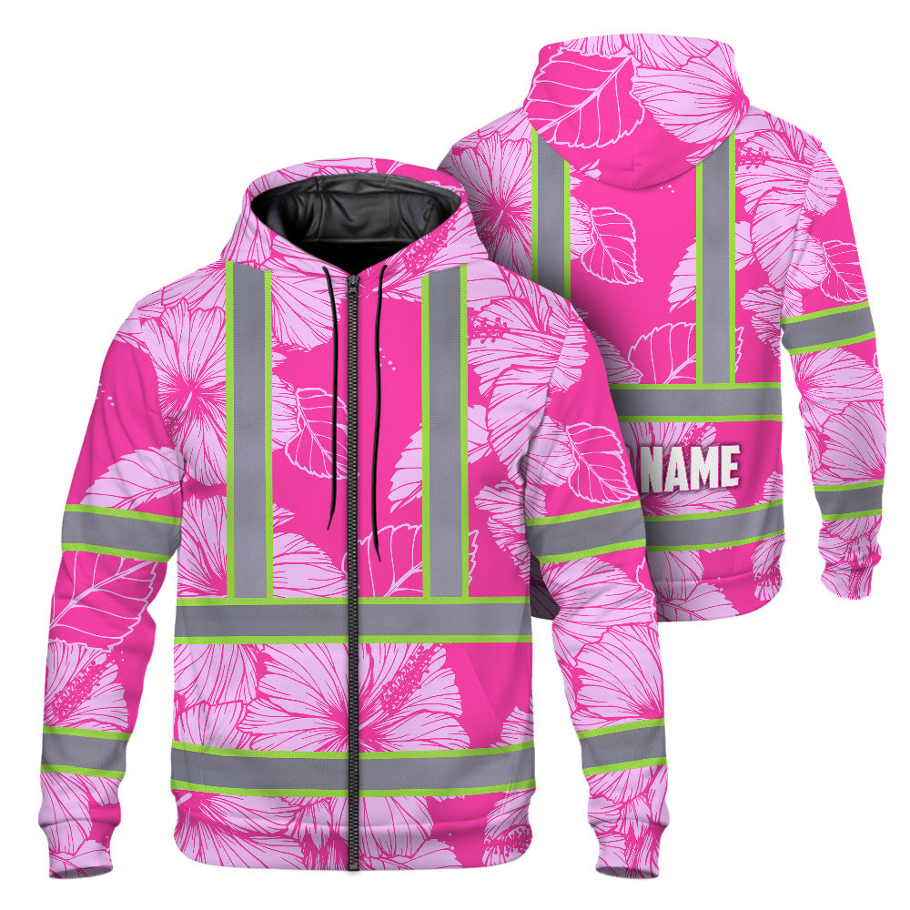 Hi Vis Zip Hoodie Reflective Tapes Pink Neon Hibiscus Custom Name Safety Workwear For Workers, Truckers, Operators
